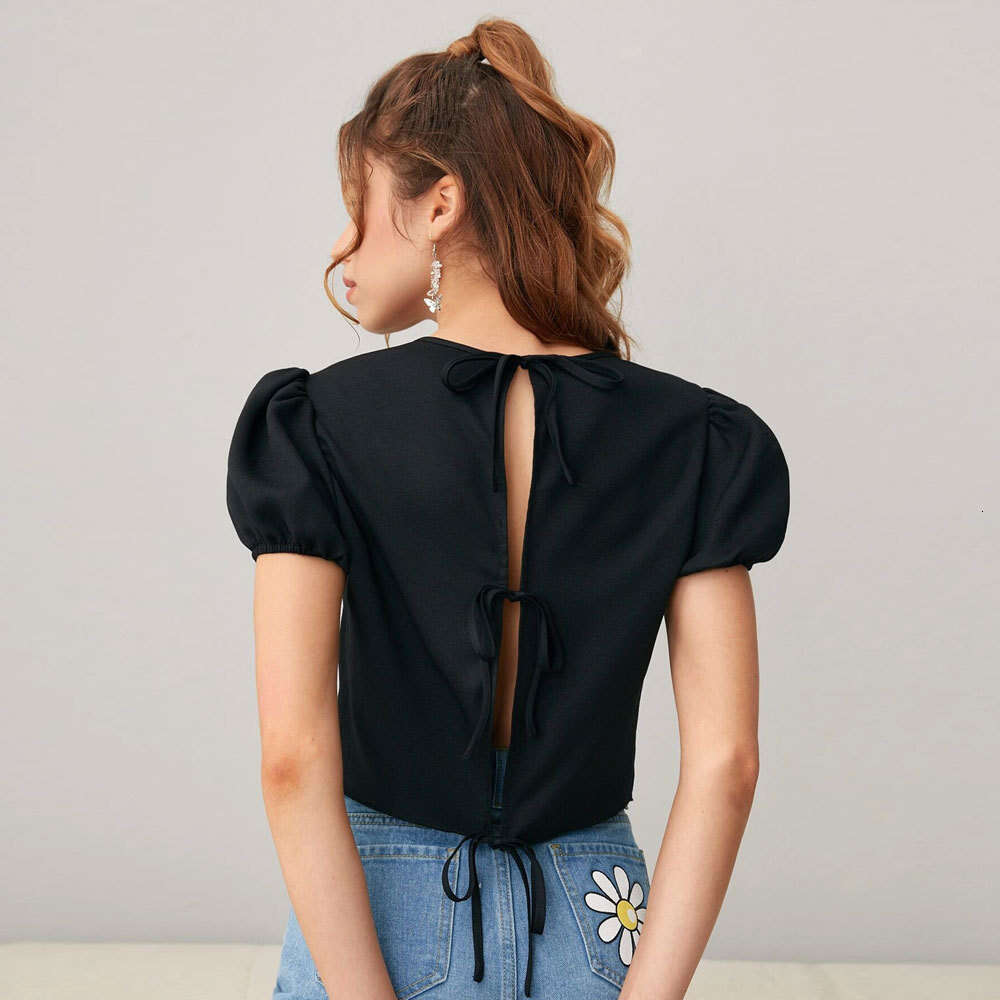 Women's New Bubble Sleeve French Short Pullover Countryside Style Solid Color Round Neck Top KLMY