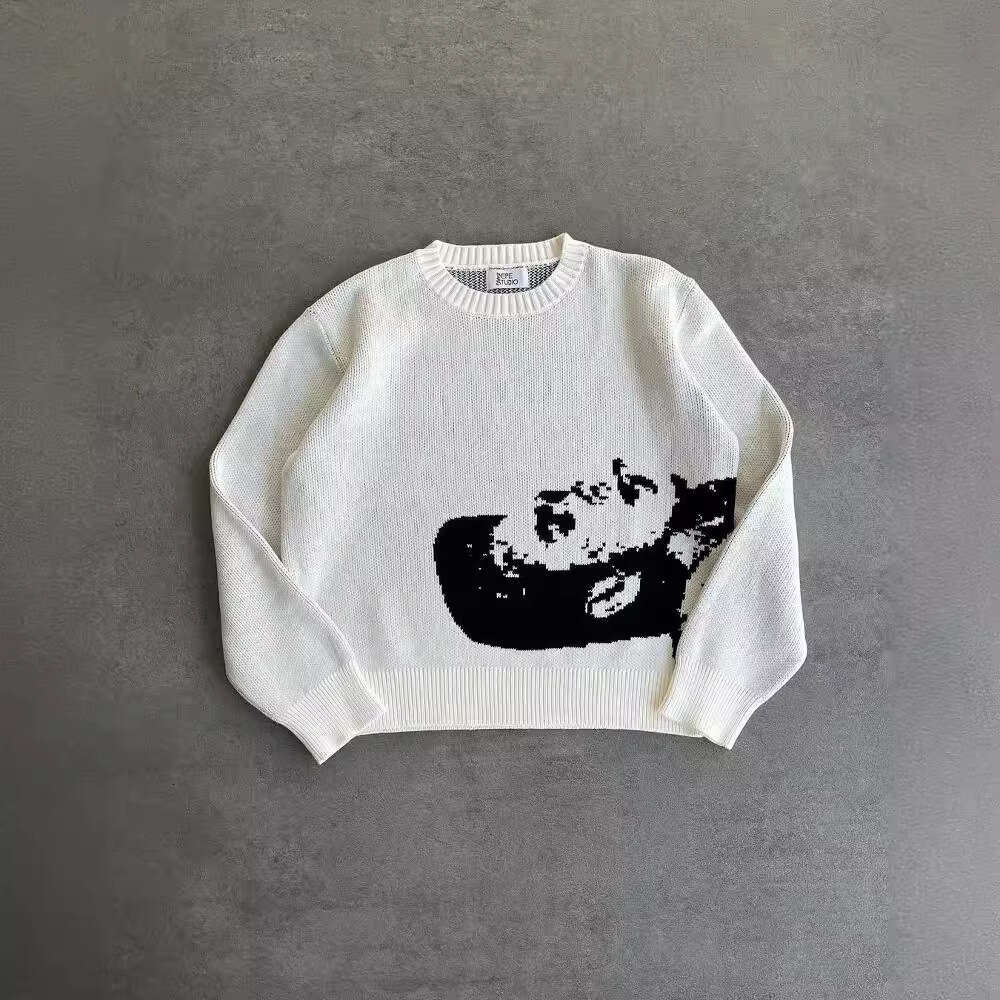 Ins knitted anime jacquard pattern round neck long sleeved high street loose sweater dark style