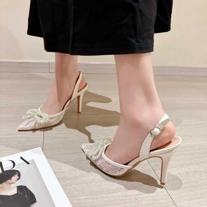 New Summer Wens High Shoes Pearl Bow Lace Pointed Sexy Versatile Sandals Closed Toe Single Shoes Y250306
