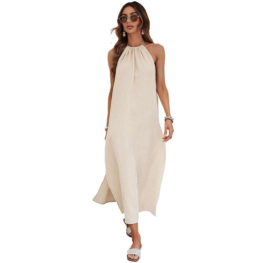 Instagram New Woven Casual Style Design Sense Open Back Beach Vacation Hanging Neck Dress KLMY