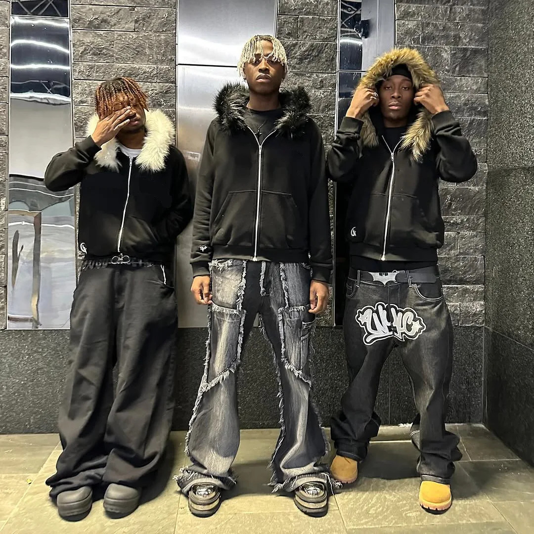 2000s Fur collar hat autumn winter Punk solid color Harajuku Zip up hoodie Oversized Jacket Hiphop rock Unisex retro zipper Coat 250305