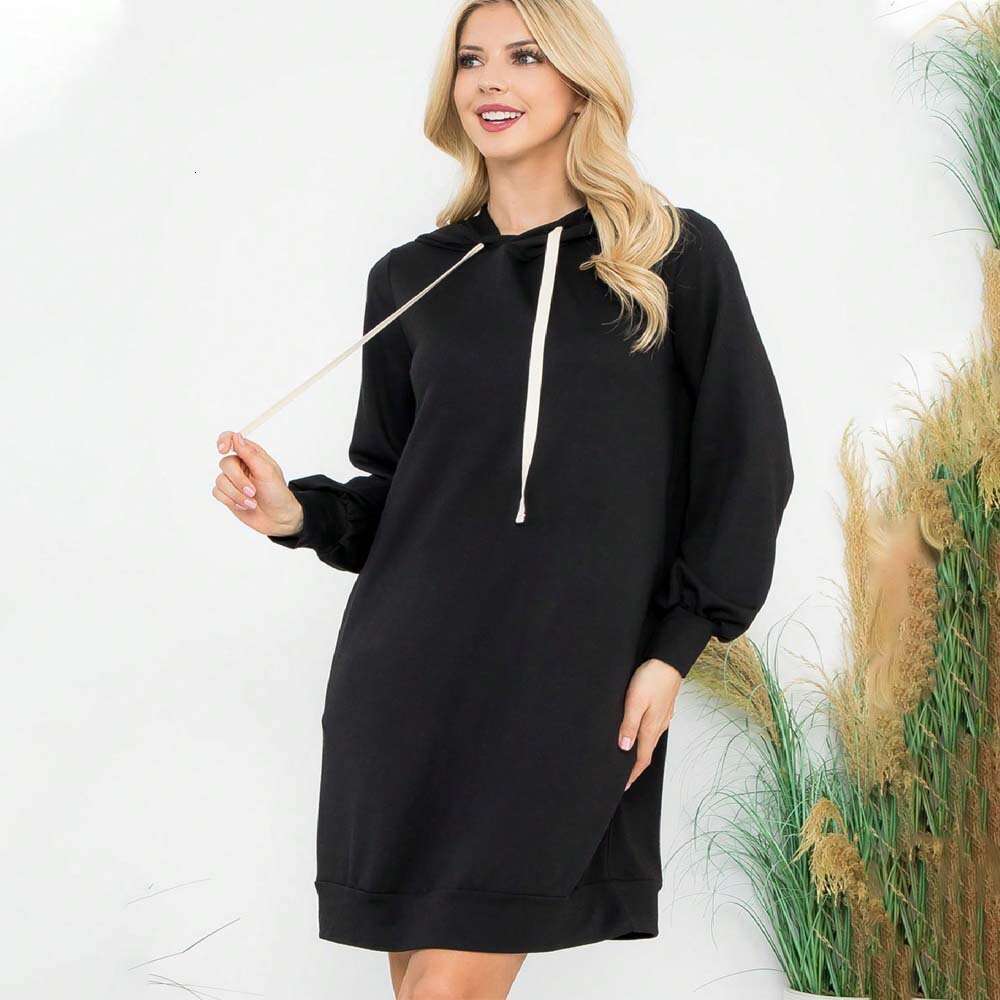 New Women's Casual Style Versatile Autumn And Winter Mid To Long Loose Drawstring Hooded Sweatshirt Dress KLMY
