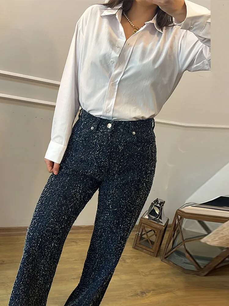 Elegant Tweed Women Fringes Elastic Straight Long Denim Pants Female 2025 Spring Summer Y2k High Waist Street Jeans Lady