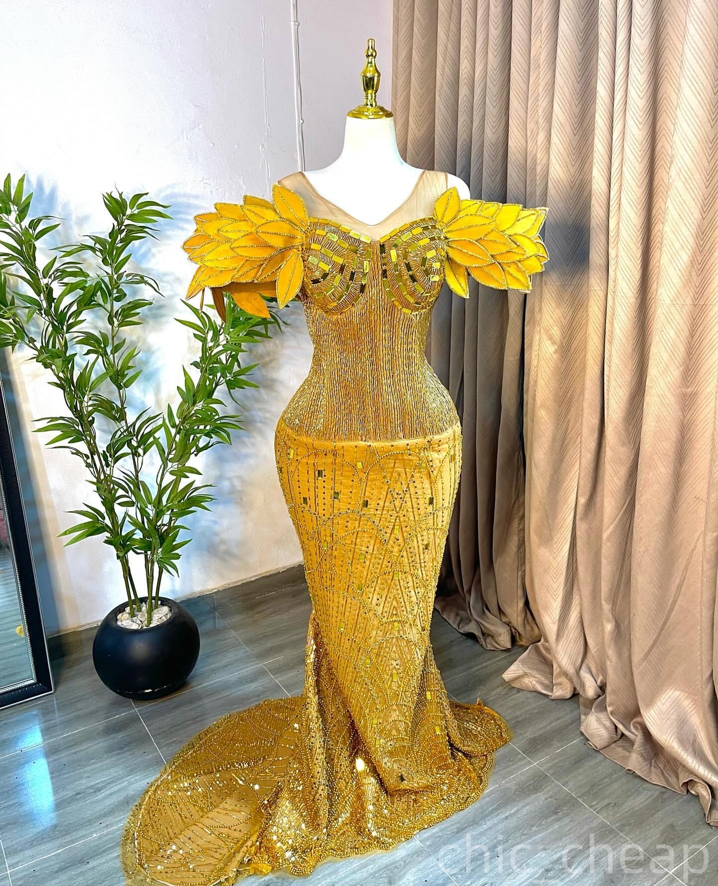 Yellow Mermaid Prom Dresses 2025 Florals Beaded Crystals Sequined Evening Formal Party Second Birthday Engagement Gowns Plus Size Dress For Special Oc