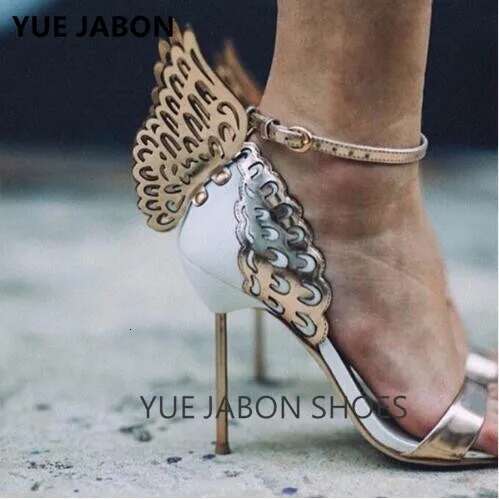 High-end Women Pinnk Butterfly Metal Heel Metallic Cut-outs Pumps Leather Ankle Buckle Stiletto Summer Sandals