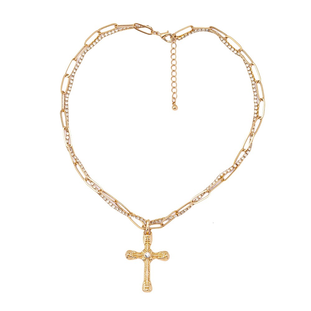 Niche Design High Sense Cross Pendant Double Gemstone Stack Wear Collarbone Necklace Jewelry for Women