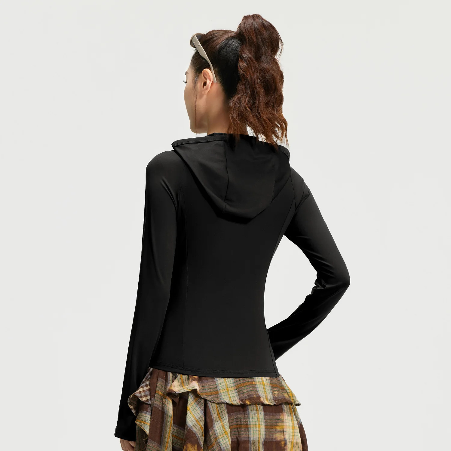 #3432 Black Blue Beige Brown Hooded Jacket Women Slim High Stretch Thin Short Zipper Tight Outerwear Coat Spring Summer 250306