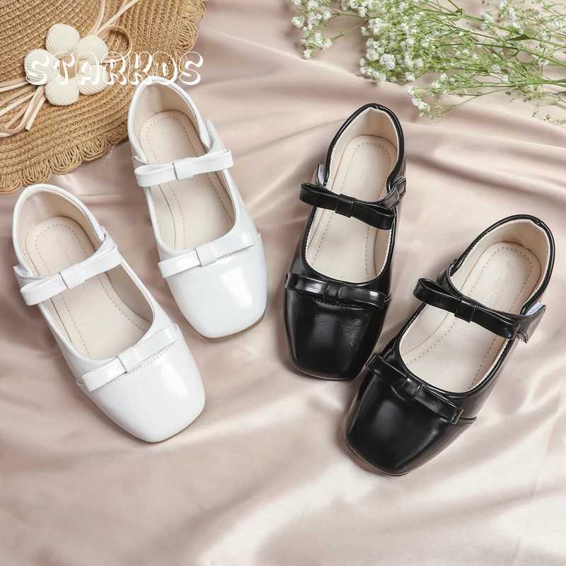 Patent Leather Bowknot Mary Jane Shoes Kids Cute Bows Ballet Flat Girls Children Solid White Black School Zapatos with Hook LoopT250306