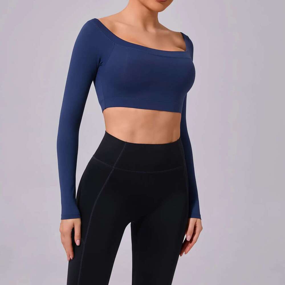 One Shoulder T-Shirt, Long Sleeved Yoga Women's Sandblasted Tight Fitting Fiess Suit, Paired With A Sports Running Top KLMY