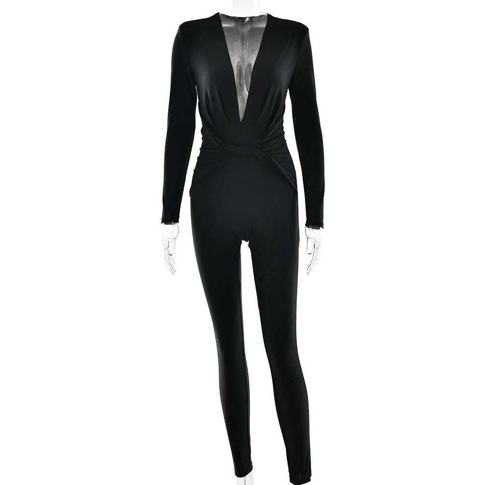 Sibybo Deep V Neck Sexy Jumpsuits For Women Autumn Fashion Crossed Ruched Long Sleeve Bodycon Rompers Casual One Piece Clothes KLMY