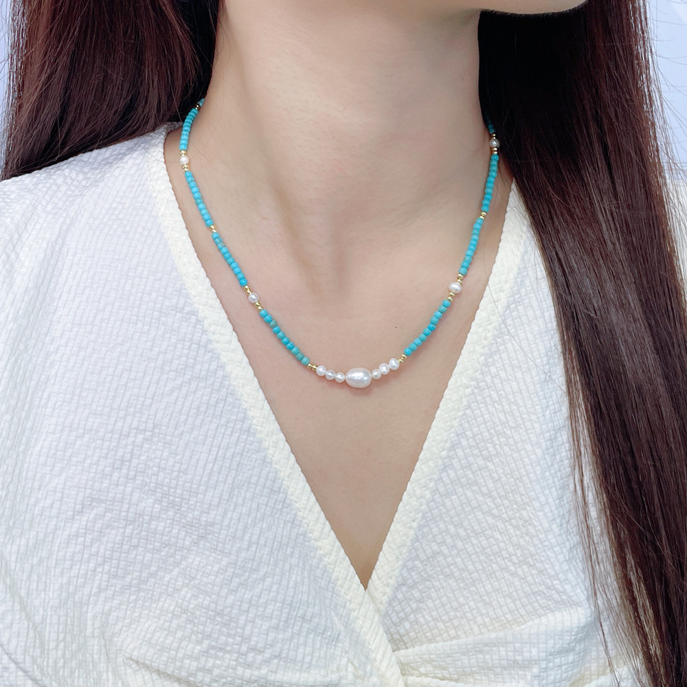 Ins Retro Turquoise Fresh Water Pearl Beaded Necklace Women's Fashion High Sense Simple Choker Collarbone Chain Jewelry