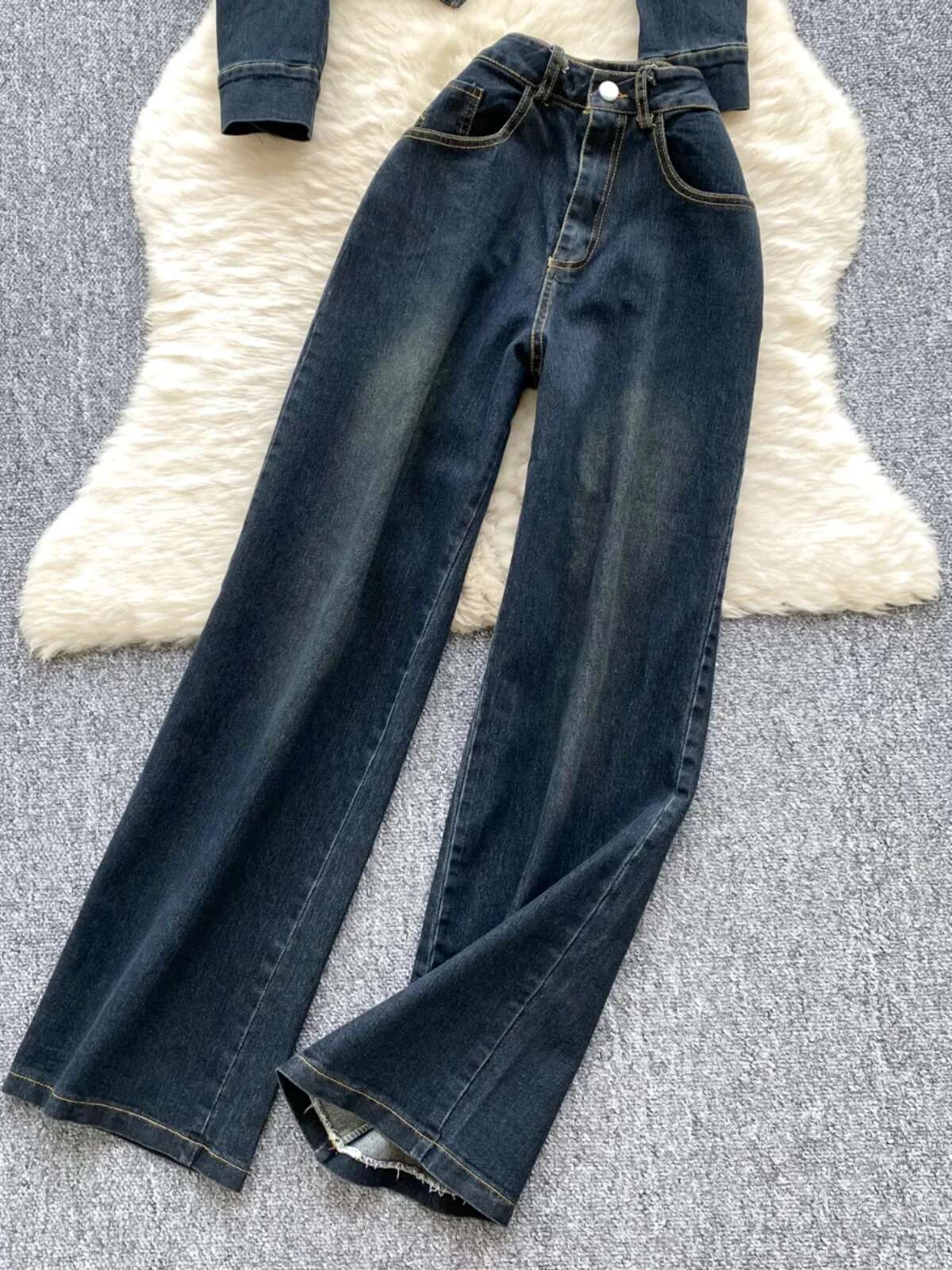 Spring Woman 2025 Sets Long Sleeve Bow Single Breasted Jacket + High Waist Straight Wide Leg Jeans New Denim Suit