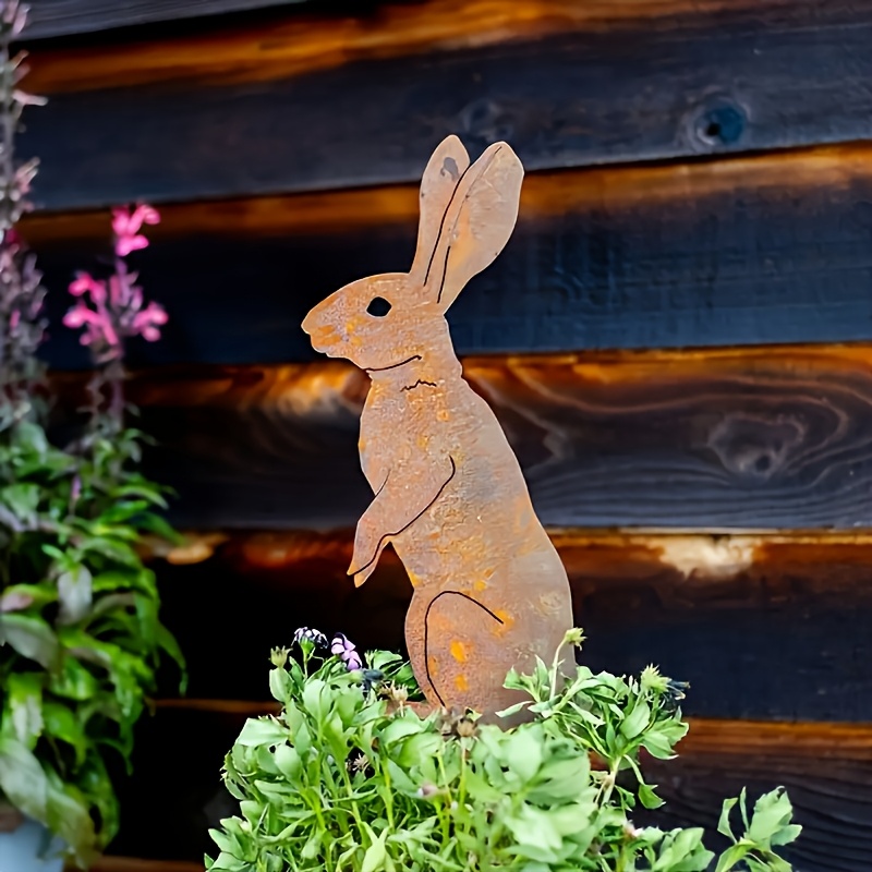 1 Piece Rustic Metal Rabbit Statue Vintage Rust Art Decorative Metal Rabbit Garden Stake Outdoor Patio Art Farmhouse Decorative Garden Ground Plugs Pe