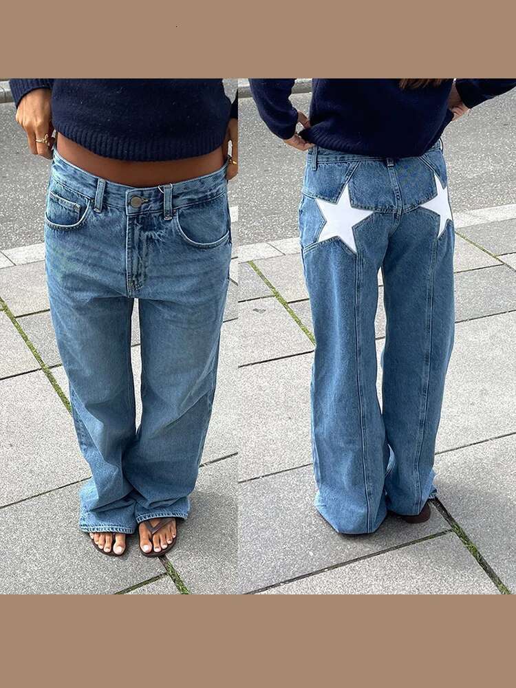 Street Pentagram Printed Jeans Women 2025 Spring Summer Chic Casual Mid Waist Wide Leg Or-Length Panelled Denim Pant Female