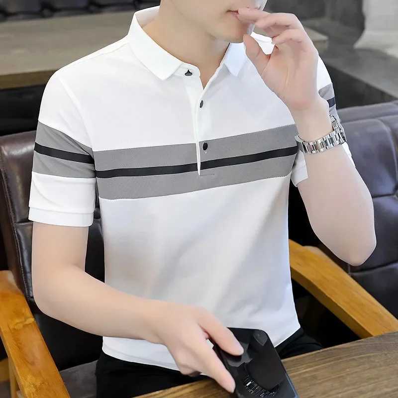 Summer Mens Lapel Short Sleeve T-shirt Handsome Slim Fit Casual Pullover Top Fashion Half Sleeve Color Matching Polo Shirt X250306