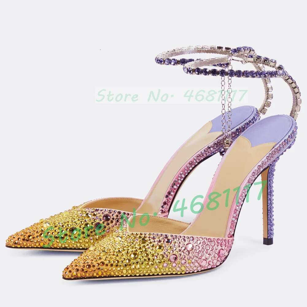 Shiny Gradient Crystal Pointed Toe Satin Sandals Women Wedding Colored High Heels Bg Ankle Strap Evening Dress Shoes