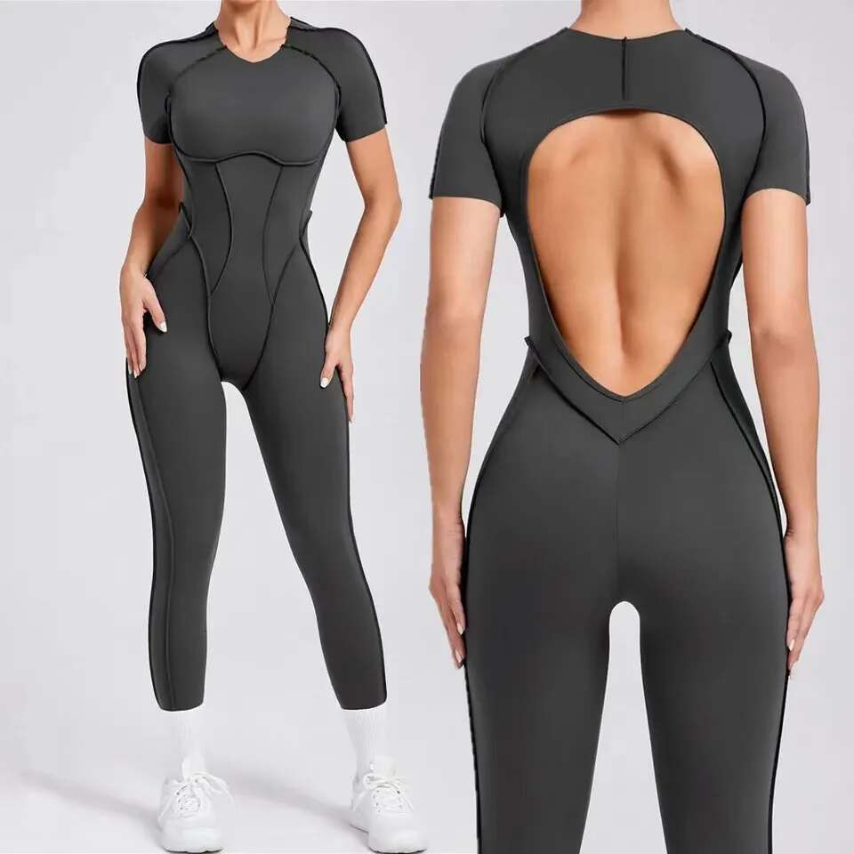 New Autumn/Winter Women's One-Piece Yoga Jumpsuit Leggings Long-Sleeved Short Sleeve Backless Slim Fit Sports Outfit KLMY