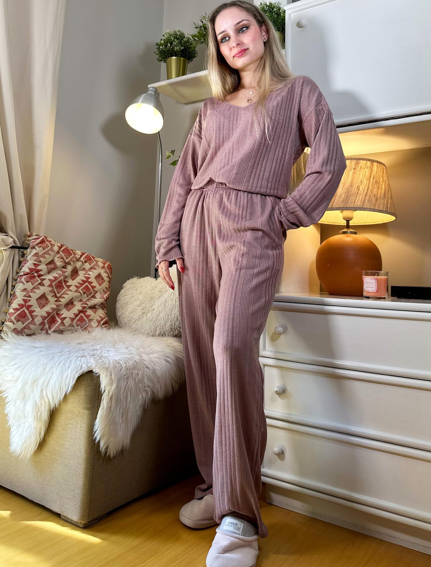 B753-Autumn and winter European and American women's home clothes suits long sleeves and long pants two-piece suits ribbed warm home pajamas