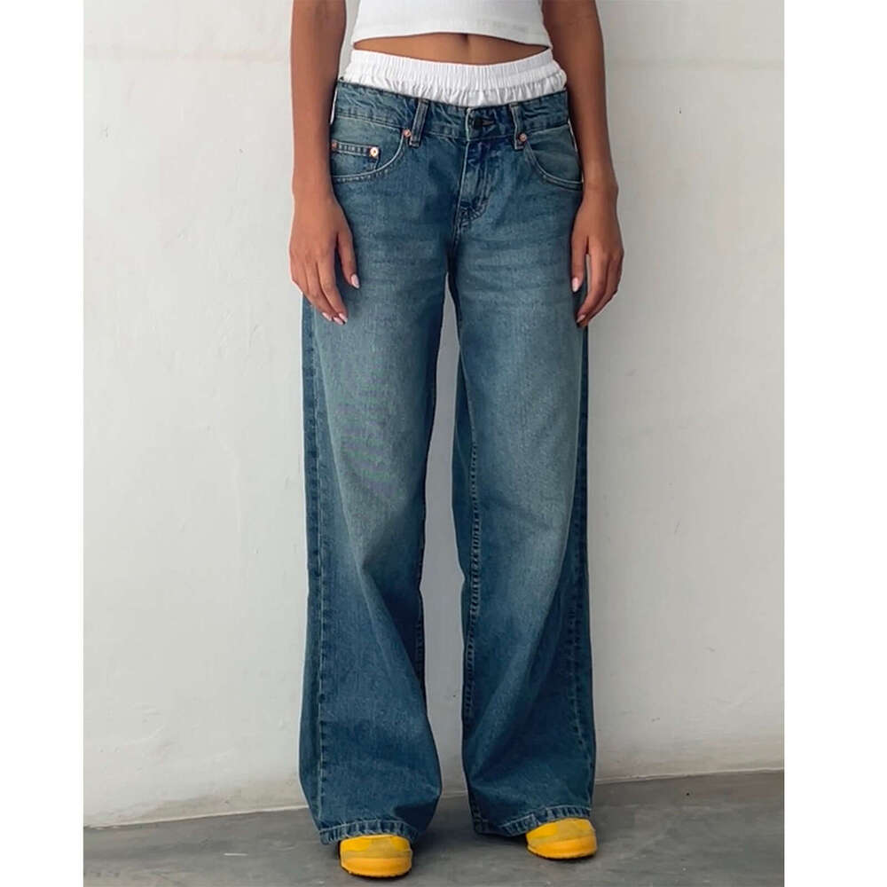 American retro low rise non elastic washed straight jeans autumn, new street wide leg denim pants for women in 2025, with a unique and elegant tempera
