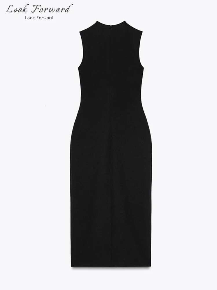 Elegant Midi Dress Woman O-Neck Single Breasted Sleeveless Pocket Dresses Female Front Slit Spring Summer Black Robe Lady Solid