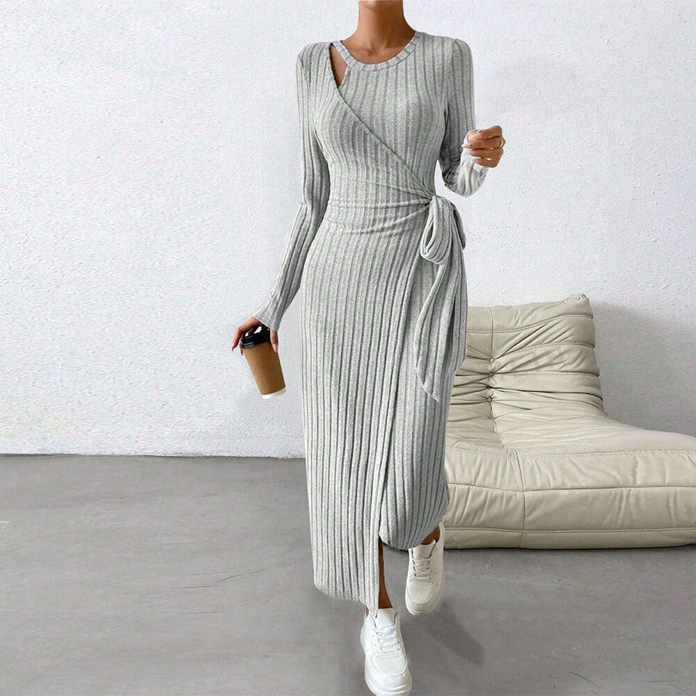 Autumn/Winter New Women's Knitted Grey Irregular Long Dress KLMY
