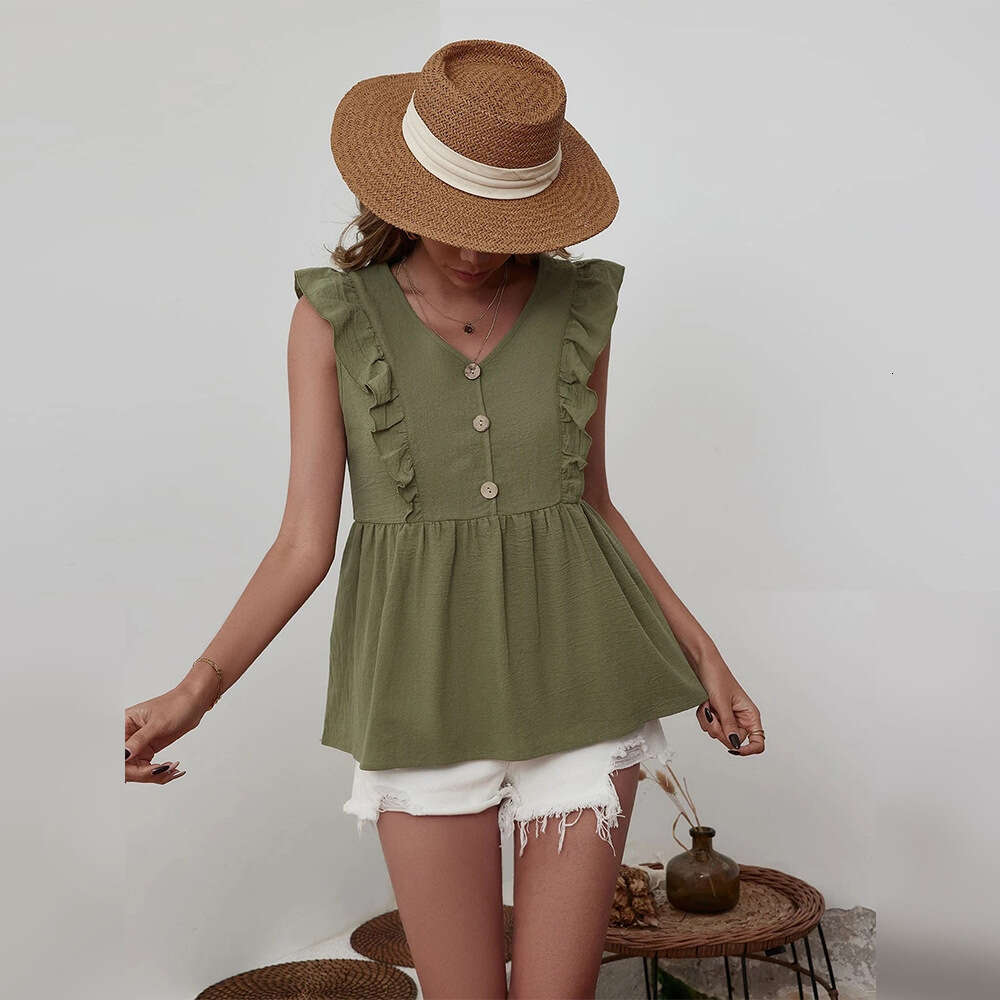 Women's Loose Casual Ruffled V-Neck Sleeveless Women's Shirt Vest Top KLMY