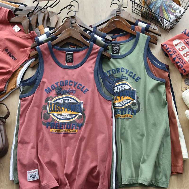 American Letter Print 100% Cotton Sleeveless Vest for Men Vintage Summer Casual Loose Versatile Camisole T-shirt Tees Tank TopsT250318