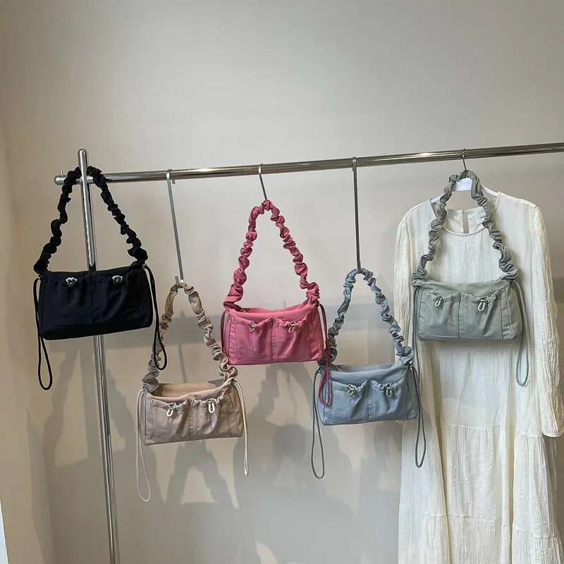 Pleated Design Shoulder Cross Body Bags Nylon Fabric Multi Pockets Satchels Drawstring Messenger Bag 2024 Latest Fashion Handbag