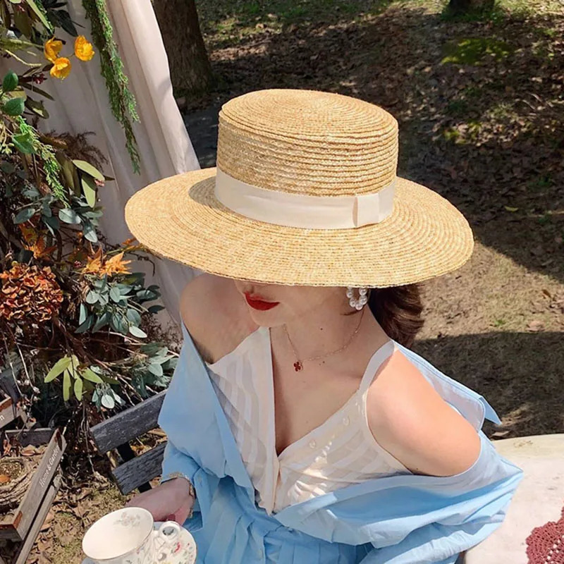 Summer Female Natural Stiff Wheat Straw Boater Fedora Top Flat Hat Women Beach Brim Cap RAFFIA Sun Hat for Women Jazz Panama 250303
