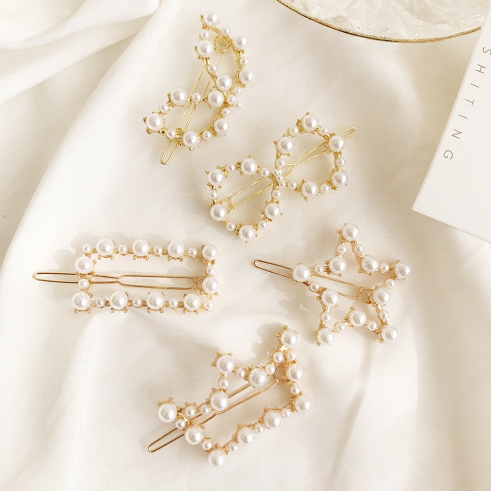 5pcs/lot Metal Elegant Pearls Hair Clips Pin for Women Fashion Geometric Barrettes Headwear Girls Sweet Hairpins Hair Styling Accessorie