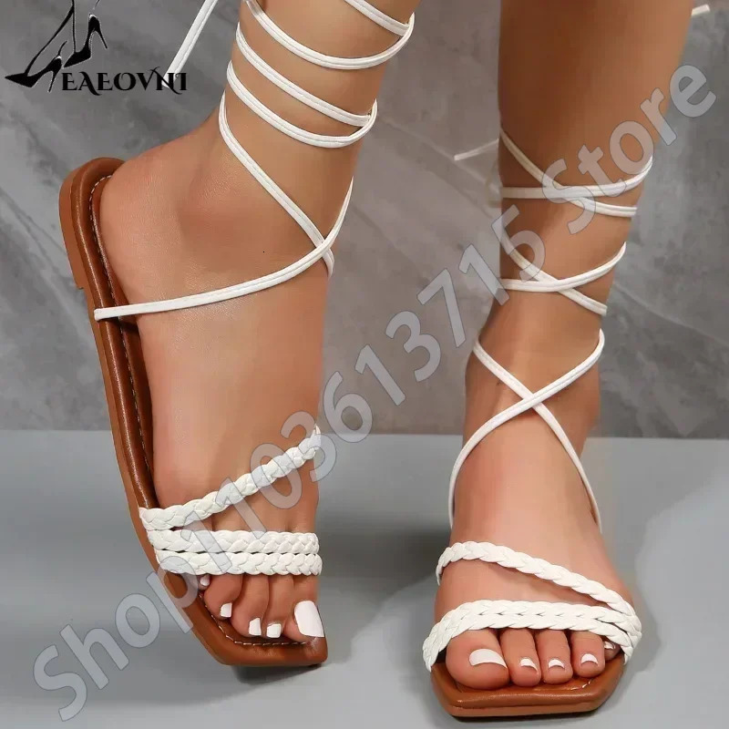 Shoes for Women Summer Fashion Open Toe Flat Sandals Sexy Solid Color Lace Up Beach Sandals for Women Zapatillas De Mujer 250306