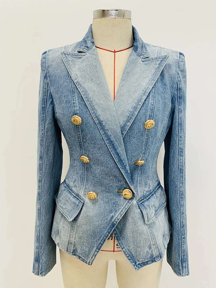 HIGH Quality 2025 Newest Designer Jacket Women's Slim Fitting Double Breasted Lion Buttons Denim Blazer