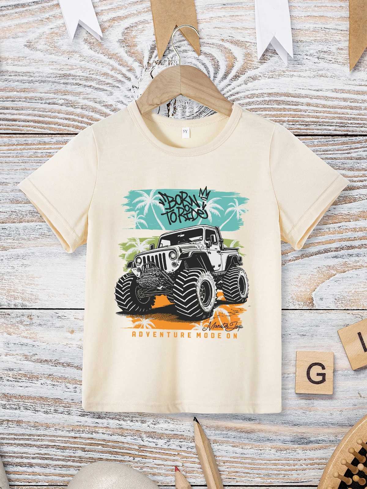 Monster Truck Hipster Boys Shirt Summer Outdoor Adventure Fashion Childrens Clothing Short Sleeve Black Tops Street Casual TeesT250306