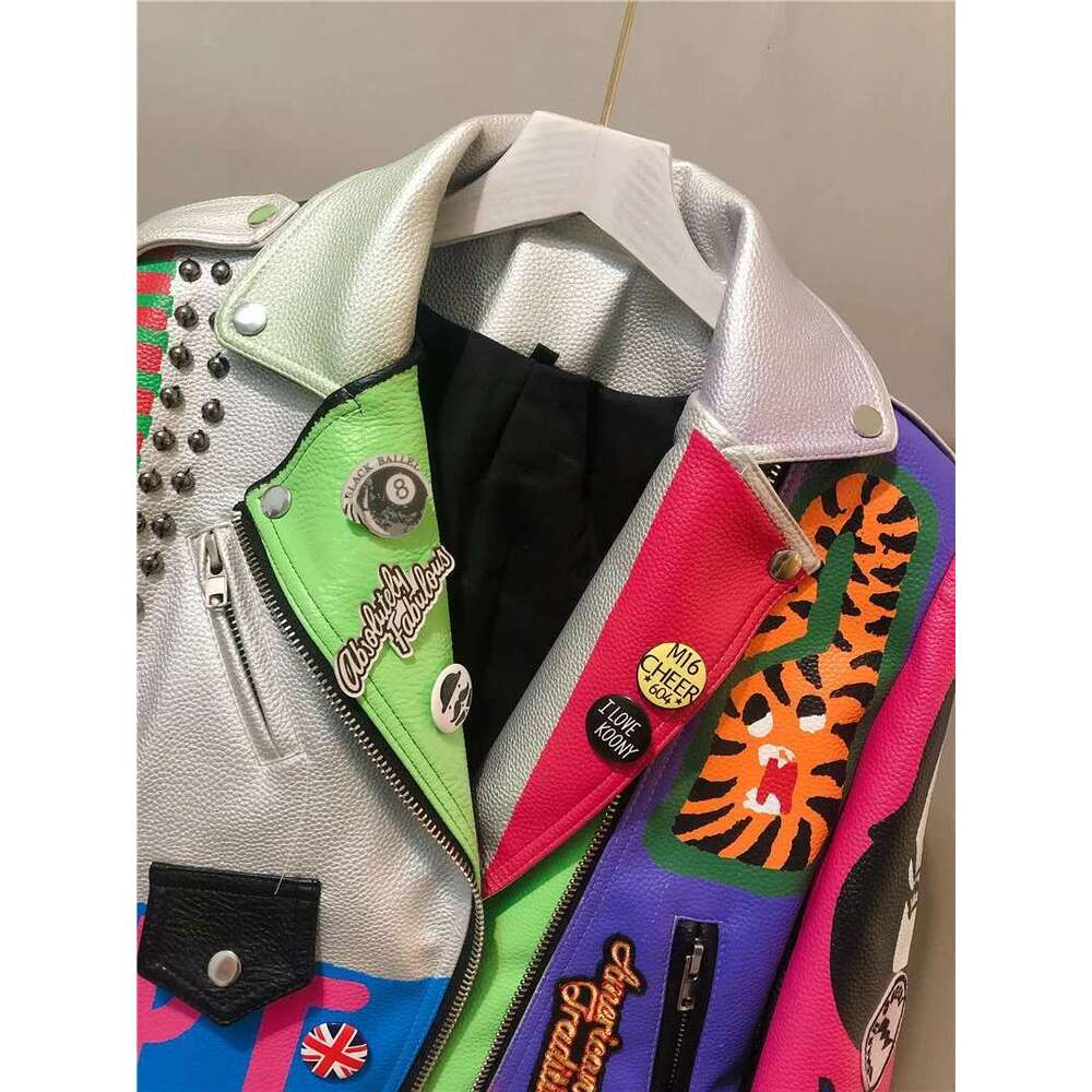 3Xl Women And Men Rivet Beading Pu Jacket Hit Color Streetstyle Graffiti Outerwear Letters Printed Leather Jackets