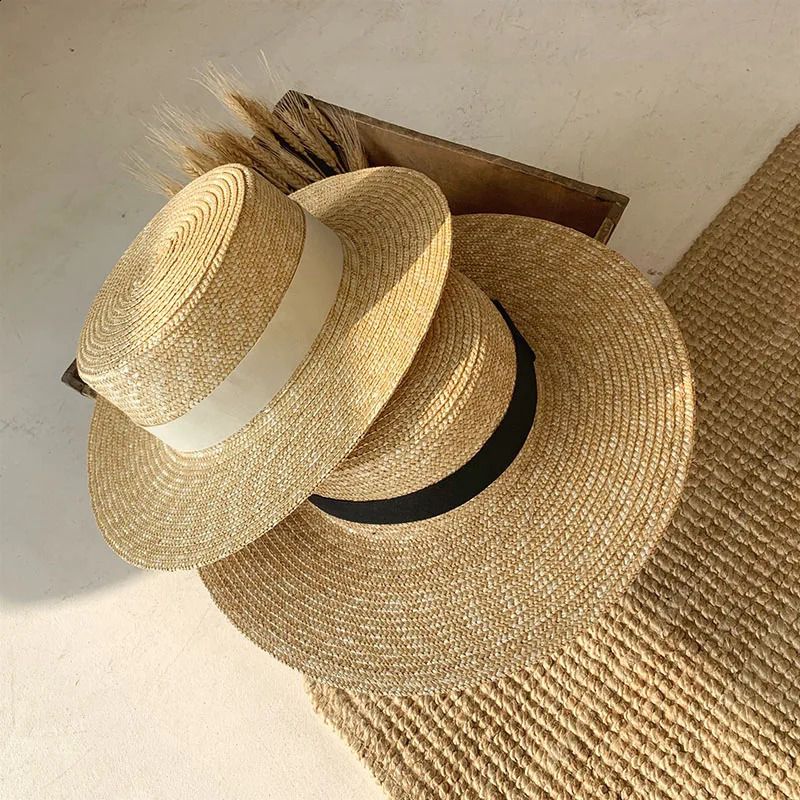 Summer Female Natural Stiff Wheat Straw Boater Fedora Top Flat Hat Women Beach Brim Cap RAFFIA Sun Hat for Women Jazz Panama 250303