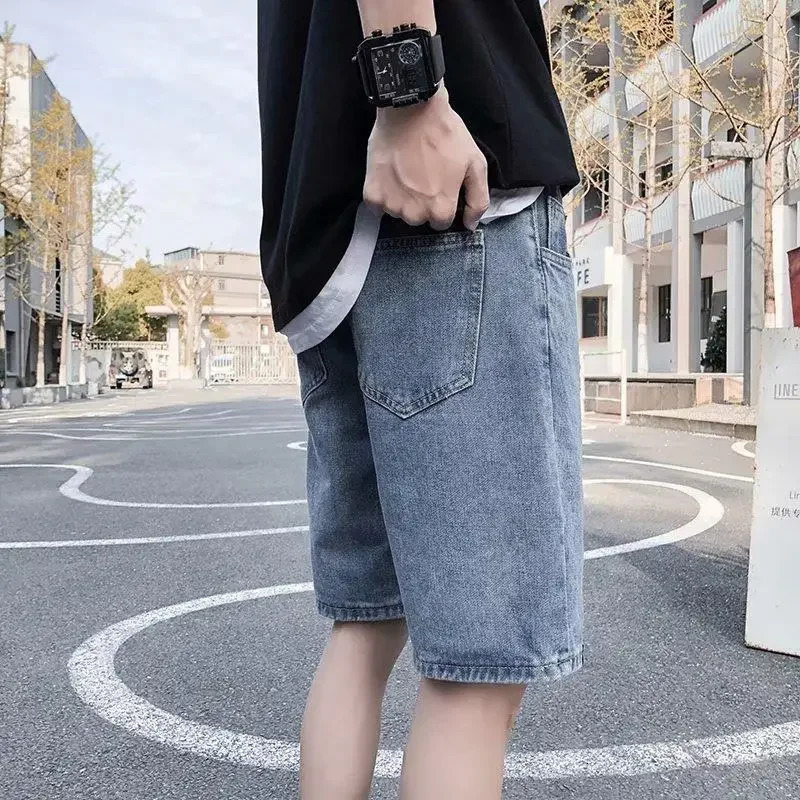 Mens Denim Shorts with Pockets Straight Original Blue Short Jeans Pants for Men in Emo Y2k Fashion Jorts Xxxl Korean Buttons 250306