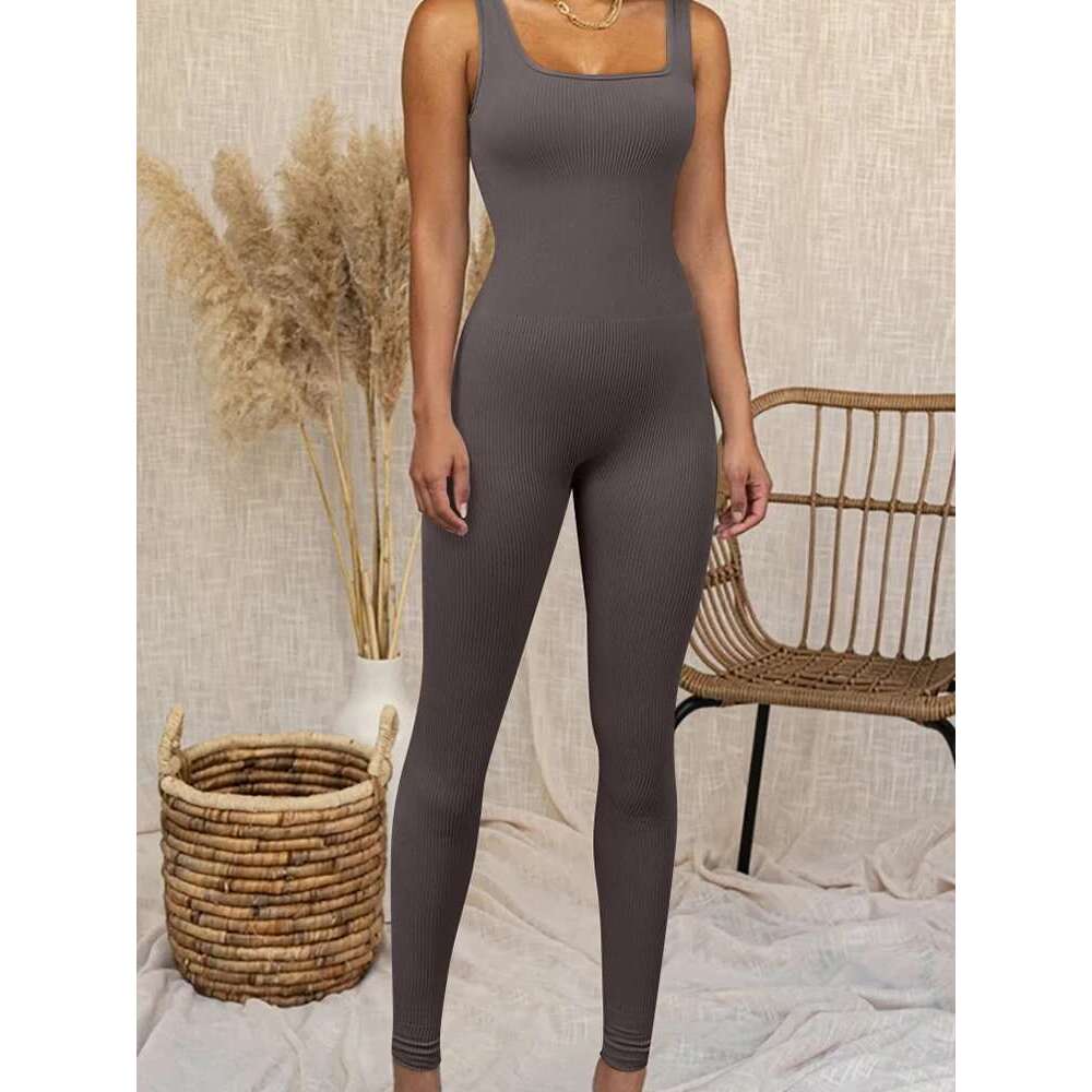 Women's Sleeveless Jumpsuit Exercise Ribbed Square Neck Vest High Waist Fiess Sports One-Piece Yoga Suit KLMY
