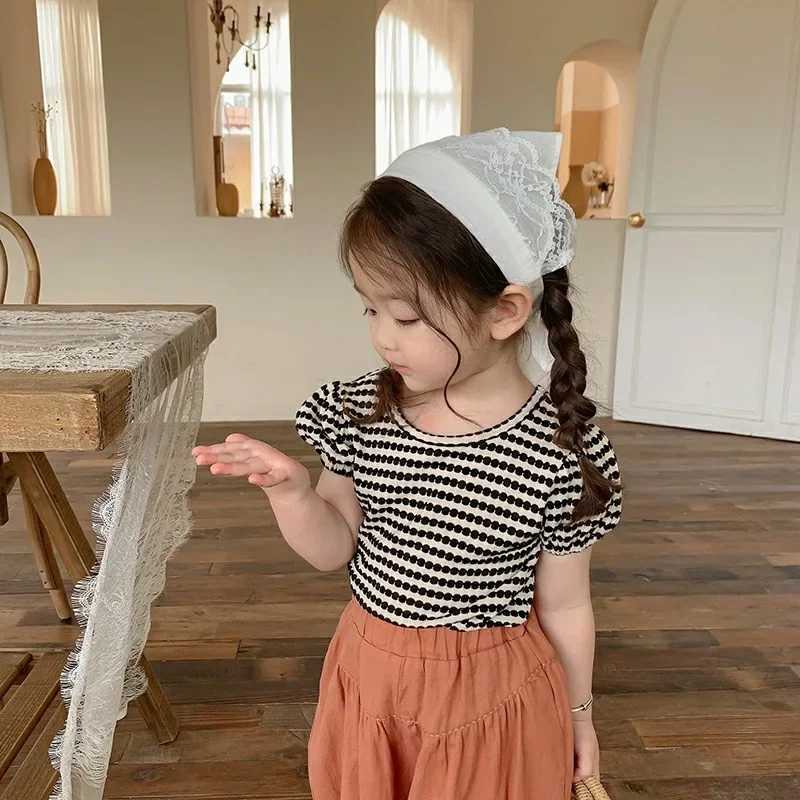 2024 Summer New Korean Style Baby Girls Striped T-shirts Bowknot Backless Puff Sleeve Tops Toddlers Kids TeesT250306