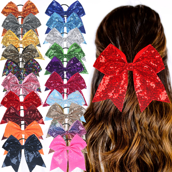 Children Large Glitter Cheer Hair Bows Girls Colorful Sequin Kids Solid Color Bow Elastic Hairbands Ponytail Kids Hair Band Ties Hair Accessories MA07