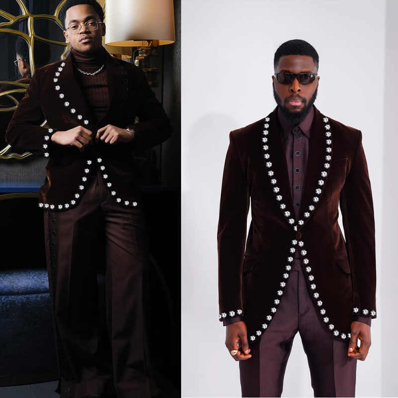 Unique Wedding Tuxedos Beaded Designer Men Suits Shawl Lapel 2 Piece Set Jacket Pants Groom Business Blazers Customized