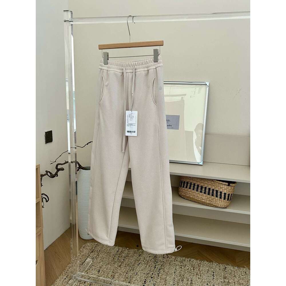 Winter New Style Plush Drawstring Elastic Waist Straight Wide Leg Versatile Warm Casual Pants Solid Color