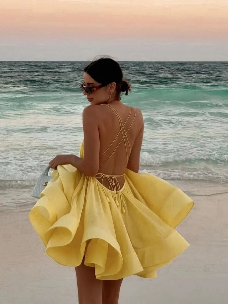 Sexy Backless Lace-up Loose Pleated Hem Mini Dress Women Sleeveless High Waist A-line Dresses 2025 Yellow Vocation Partywear 250305
