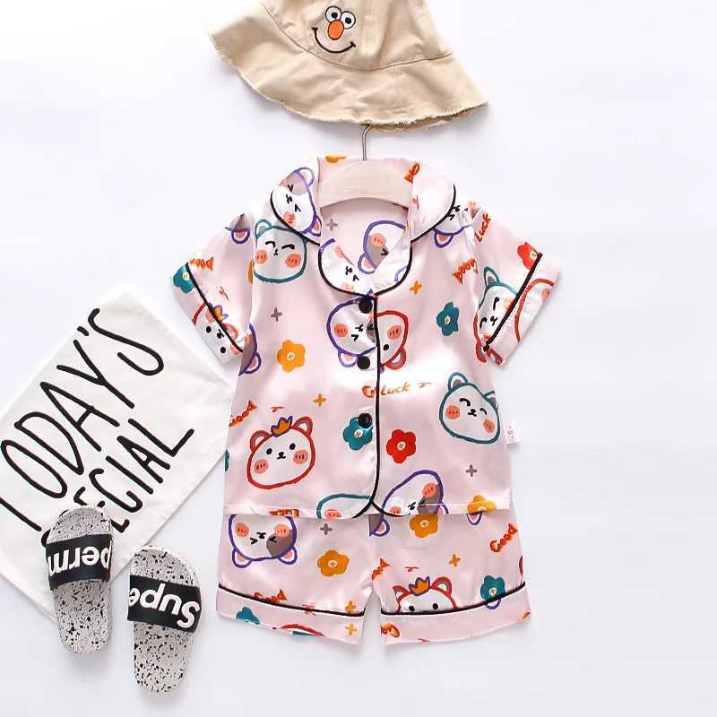 summer new cartoon suit boys and girls casual pajamas suit baby silk ice dinosaur short sleeve shorts housewear suit M250306