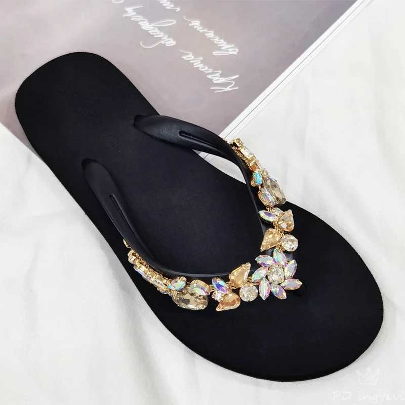 Slippers Wen Glitter Flip Flops Summer 2024 Fi Outdoor Rhine Chain Wedge Beac Jelly Haiian Flat Sandals Y250306