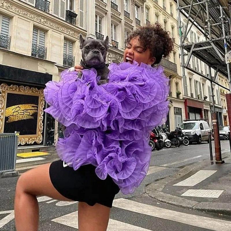 Womens Jackets Purple Organza Jacket Top Ruffles 2025 Blouse Layered Party Wear Birthday For Women Long Sleeve Open Stitch Tops