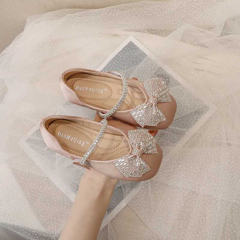 ULKNN Rhinestone Flats For Girls 2025 Summer Princess Kids Single Shoes Childrens Fashion Know Beige Casual Shoes Size 23-36T250306