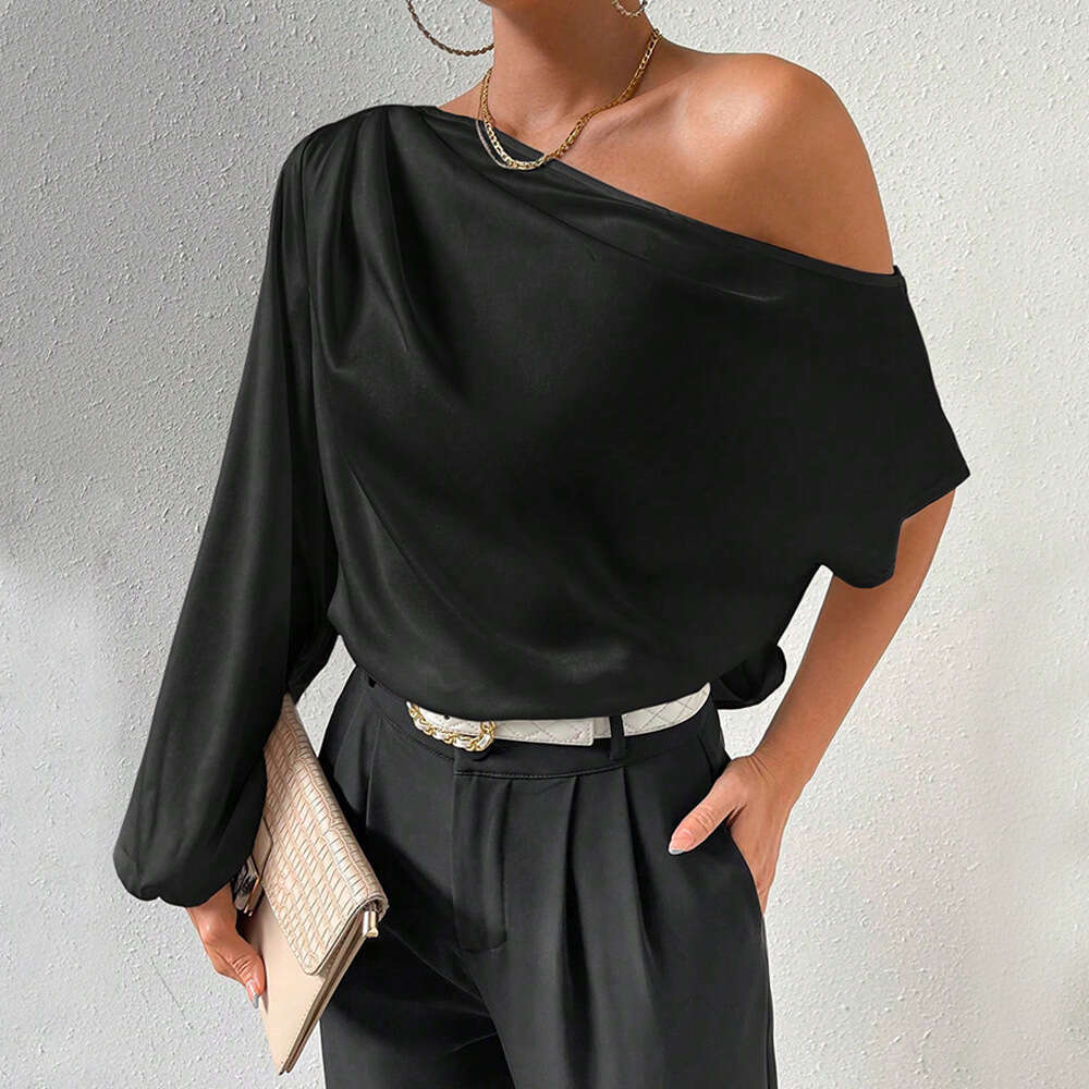 Women's Clothing Autumn And Winter Temperament Slanted Long Sleeved Sexy Off Shoulder Loose Neck Design Top KLMY