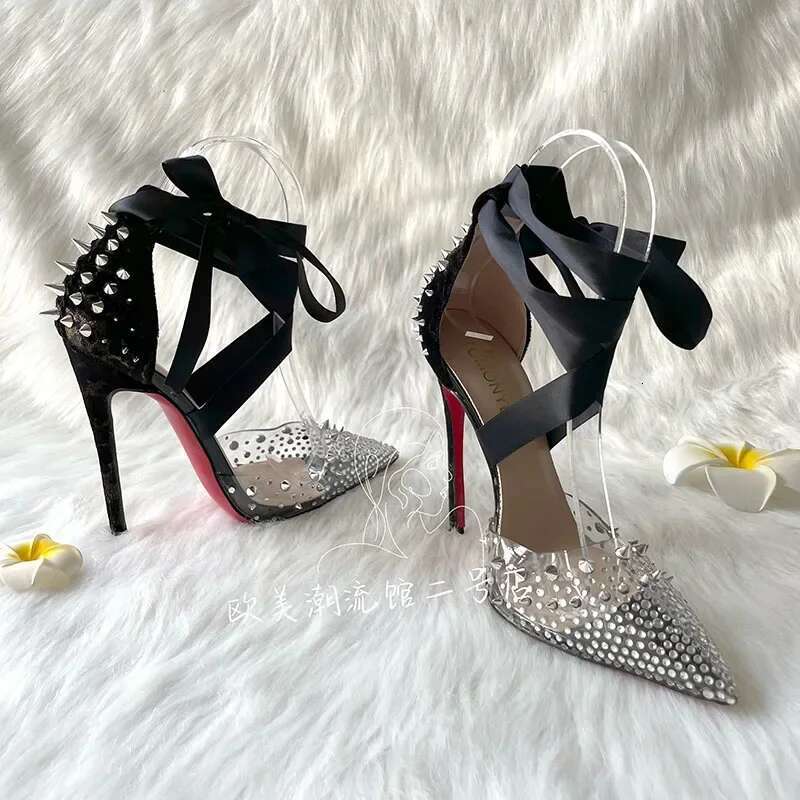 Transparent PVC rhie willow nail leopard print black gold camouflage veet heel tied ribbon high-heeled sandals