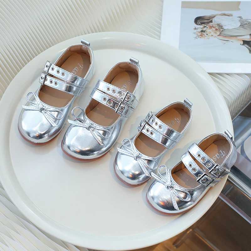 Girl Ballet Apartment Silver Punk Style Round Toe Spring Childrens Mary Jens Light Pu Leather Fully Matched Childrens Princess Shoes 24-35T250315