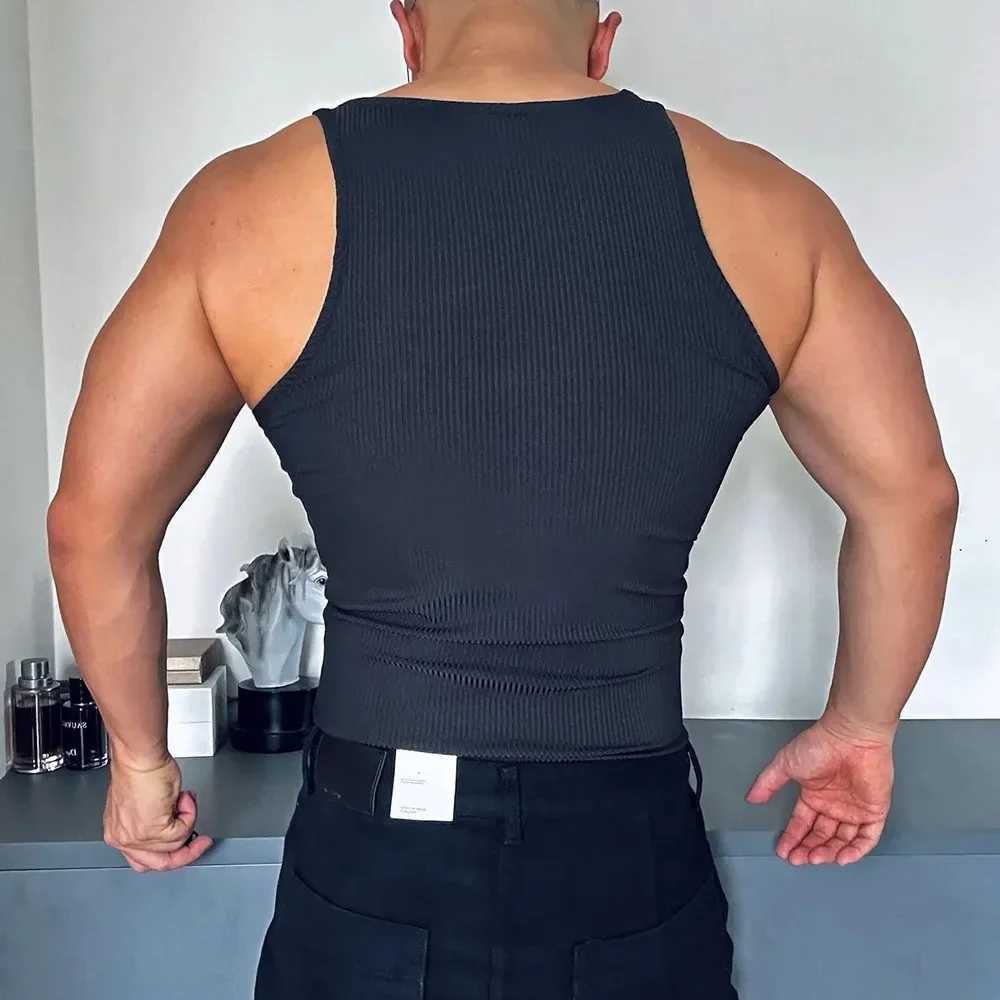 Mens Vest Gym Sports Sexy Half Zip Tank Tops Summer Casual Jogging Streetwear Training Tight Sleeveless Tops Menswear 2024T250318